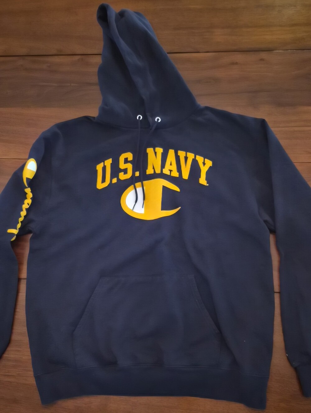 Champion. LARGE U.S. Navy Navy Blue Crewneck Hoodie with Yellow Logo